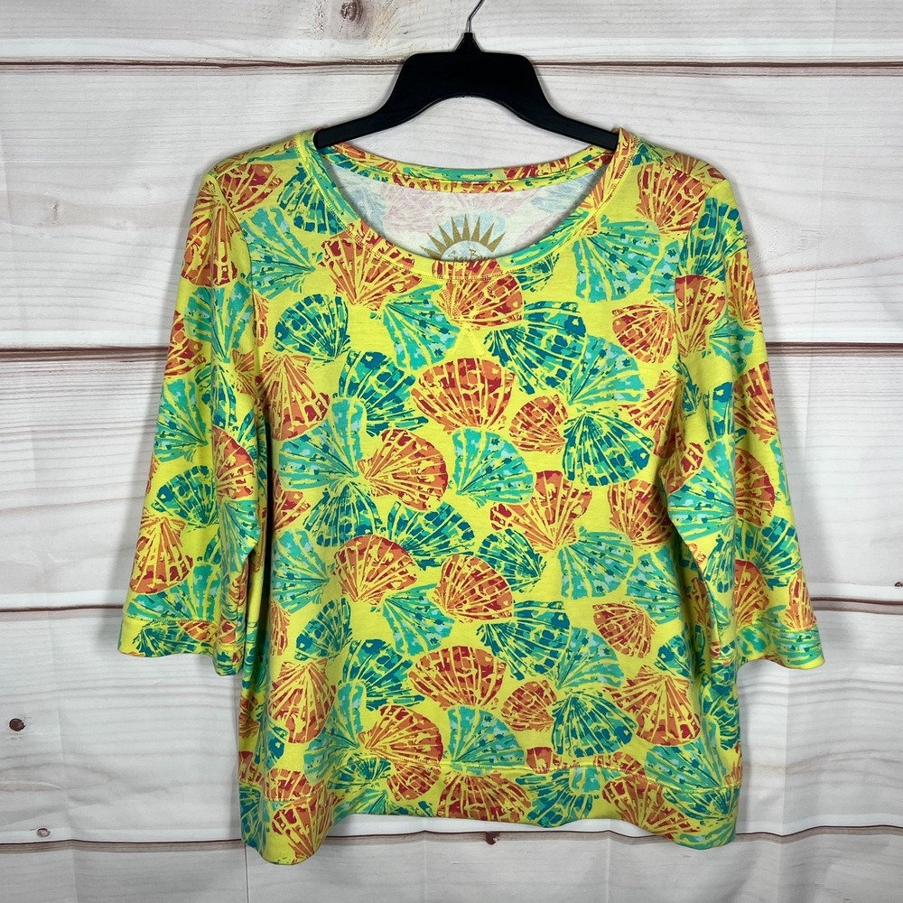 Sun‎ Bay Top Womens XL Yellow Seashell Print T-Shirt 3/4 Sleeve Knit Colorful